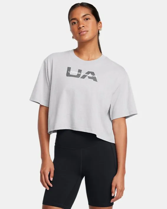 UA W BOXY CROP BRAND SS ARG